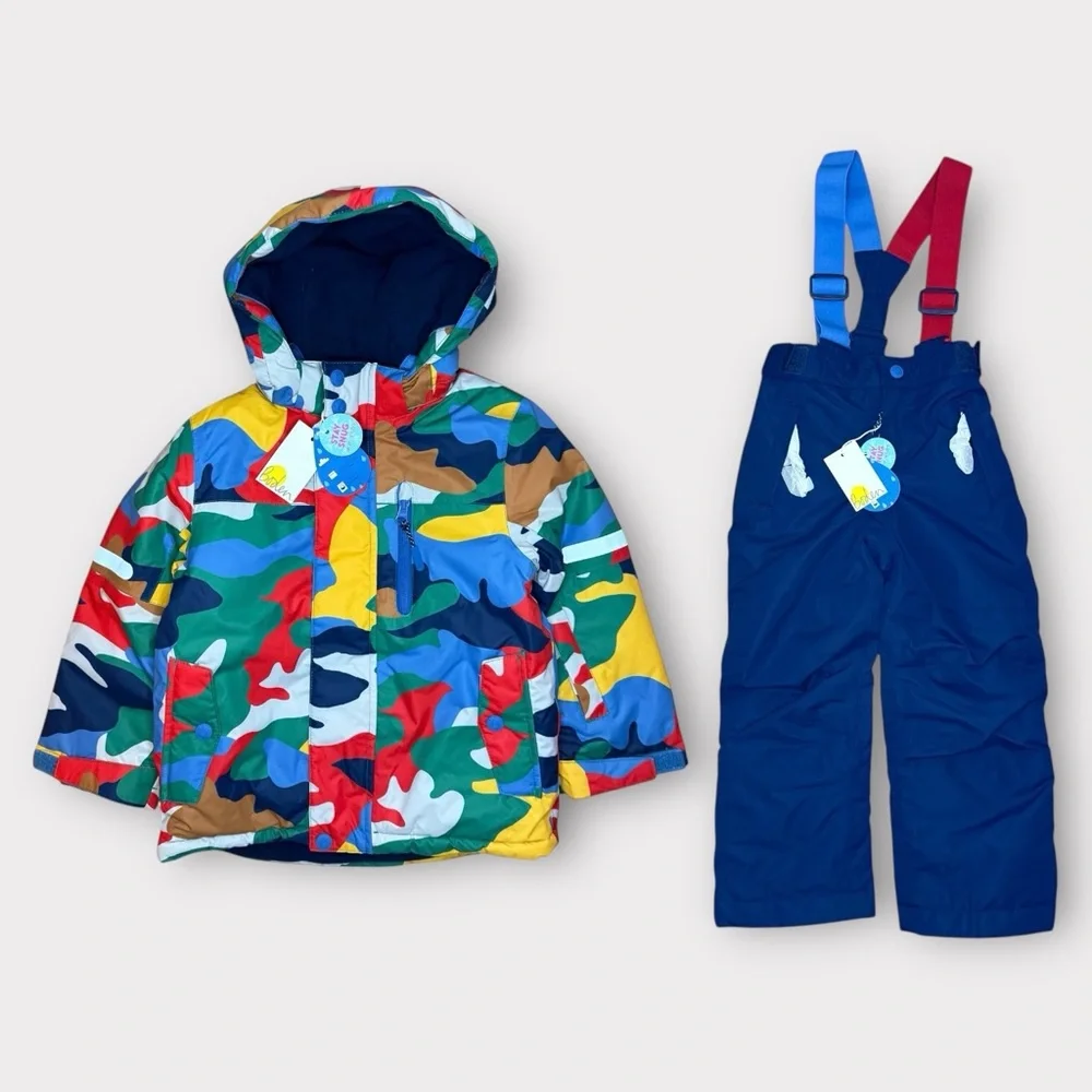 Mini Boden Colorful Camo Snow Ski Jacket & Blue Bib